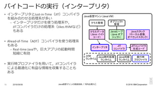 ©  2016  IBM  Corporation
§ インタープリタとJust-­‐in-­‐Time（JIT）コンパイラ
を組み合わせる処理理系が多い
– インタープリタだけを使う処理理系や，
JITコンパイラだけの処理理系（Jikes RVMなど）
もある
§ Ahead-­‐of-­‐Time（AOT）コンパイラを使う処理理系
もある
– Real-­‐time	
  Javaや，巨⼤大アプリの起動時間
短縮に有効
§ 実⾏行行時プロファイラを⽤用いて，JITコンパイラ
による最適化に有益な情報を収集することも
ある
2016/09/06 Java仮想マシンの実装技術 ／ 河内⾕谷清久仁18
バイトコードの実⾏行行（インタープリタ）
クラス管理 オブジェクト
管理
インタープリタ
JIT
コンパイラ
JITコンパイラ
生成コード
実行時
プロファイラ
クラスデータ
（Java  バイト
コード）
Javaヒープ
（Java  オブ
ジェクト）
Javaスタック
（ローカル変数，
オペランドスタック）
Java仮想マシン（Java  VM）
Java同期
ランタイム
Java例外処理
ランタイム
JVM
ランタイム
 