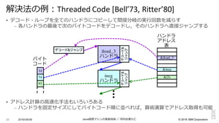 ©  2016  IBM  Corporation
§ デコード・ループを全てのハンドラにコピーして間接分岐の実⾏行行回数を減らす
– 各ハンドラの最後で次のバイトコードをデコードし，そのハンドラへ直接ジャンプする
§ アドレス計算の⾼高速化⼿手法もいろいろある
– ハンドラを固定サイズにしてバイトコード順に並べれば，算術演算でアドレス取得も可能
2016/09/06 Java仮想マシンの実装技術 ／ 河内⾕谷清久仁26
解決法の例例：Threaded	
  Code	
  [Bell’73,	
  Ritter’80]
iload_3
ハンドラ
ineg
ハンドラ
バイト
コード
&iload_3
&i2s
&ineg
ハンドラ
アドレス
表
デコード&
ジャンプ
デコード&
ジャンプ
デコード&ジャンプ
1d
74
93
 