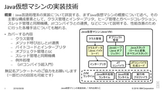 ©  2016  IBM  Corporation
概要：Java⾔言語処理理系の実装について詳説する．まずJava仮想マシンの概要について述べ，その
主要な構成要素として，クラス管理理とインタープリタ，ヒープ管理理とガベージコレクション，
スレッド管理理と同期機構，JITコンパイラとの連携，などについて説明する．性能改善のため
に⾏行行った各種⼿手法についても触れる．
§ カバーする内容
– クラス管理理
– メソッド呼び出しとJIT連携
– バイトコードとインタープリタ
– オブジェクト管理理とGC
– スレッド管理理と同期機構
– 例例外処理理
– （JITコンパイラ超⼊入⾨門）
無記名アンケートへのご協⼒力力をお願いします
（⼀一部だけの回答も可能です）
2016/09/06 Java仮想マシンの実装技術 ／ 河内⾕谷清久仁4
Java仮想マシンの実装技術
クラス管理 オブジェクト
管理
インタープリタ
JIT
コンパイラ
JITコンパイラ
生成コード
実行時
プロファイラ
クラスデータ
（Java  バイト
コード）
Javaヒープ
（Java  オブ
ジェクト）
Javaスタック
（ローカル変数，
オペランドスタック）
Java仮想マシン（Java  VM）
Java同期
ランタイム
Java例外処理
ランタイム
JVM
ランタイム
 