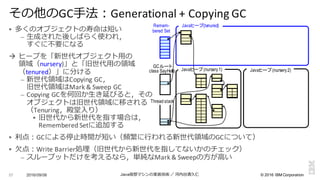 ©  2016  IBM  Corporation
§ 多くのオブジェクトの寿命は短い
– ⽣生成された後しばらく使われ，
すぐに不不要になる
à ヒープを「新世代オブジェクト⽤用の
領領域（nursery)」と「旧世代⽤用の領領域
（tenured）」に分ける
– 新世代領領域はCopying	
  GC，
旧世代領領域はMark	
  &	
  Sweep	
  GC
– Copying	
  GCを何回か⽣生き延びると，その
オブジェクトは旧世代領領域に移される
（Tenuring，殿堂⼊入り）
§ 旧世代から新世代を指す場合は，
Remembered	
  Setに追加する
§ 利利点：GCによる停⽌止時間が短い（頻繁に⾏行行われる新世代領領域のGCについて）
§ ⽋欠点：Write	
  Barrier処理理（旧世代から新世代を指してないかのチェック）
– スループットだけを考えるなら，単純なMark	
  &	
  Sweepの⽅方が⾼高い
2016/09/06 Java仮想マシンの実装技術 ／ 河内⾕谷清久仁57
その他のGC⼿手法：Generational	
  +	
  Copying	
  GC
class SayHello
Thread stack
Javaヒープ(nursery1)
GCルート
Javaヒープ(tenured)Remem-
bered Set
Javaヒープ(nursery2)
 
