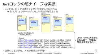 ©  2016  IBM  Corporation
§ Javaでは，ロックはオブジェクトを指定して⾏行行われる
à 各オブジェクトヘッダにモニタ構造体を⽤用意する
§ 当然のことながら，メモリ使⽤用効率率率が悪い
2016/09/06 Java仮想マシンの実装技術 ／ 河内⾕谷清久仁77
Javaロックの超ナイーブな実装
Object 1
Header
Body
Monitor
structure
Object 2
Header
Body
Monitor
structure
Object 3
Header
Body
Monitor
structure
Object 4
Header
Body
Monitor
structure
Object 5
Header
Body
Monitor
structure
typedef struct object  {
monitor_tmon;;  
:
}  Object;;
int Java_lock_acquire(Object  *obj) {  return  monitor_enter(&obj-­>mon);;  }
int Java_lock_release(Object  *obj) {  return  monitor_exit(&obj-­>mon);;  }
int Java_lock_wait(Object  *obj) {  return  monitor_wait(&obj-­>mon);;  }
int Java_lock_notify(Object  *obj) {  return  monitor_notify(&obj-­>mon);;  }
int Java_lock_notify_all(Object  *obj){  return  monitor_notify_all(&obj-­>mon);;  }
Javaロックの実装とは，
これらのデータ構造と
関数を用意すること
 