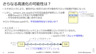 ©  2016  IBM  Corporation
§ たすきロックにより，衝突がない状況ではわずか数命令令でロック処理理が可能になった
§ しかし，compare_and_swapなどの不不可分命令令が依然として必要
– 他者のJavaロック⼿手法でも同様の状況
– 不不可分命令令は⾮非常に重い命令令である
à ロックのfastest	
  pathから，不不可分命令令をなくせないか？
§ たとえば・・・
オブジェクトが特定のスレッドによってのみ頻繁にロックされているなら，
そのスレッドのロック処理理に限り不不可分命令令を無くせないか？
―	
  Javaロックの「スレッド局所性」
2016/09/06 Java仮想マシンの実装技術 ／ 河内⾕谷清久仁86
さらなる⾼高速化の可能性は？
オブジェクト
ヘッダ部
ボディ部
0 tid rcnt
ロックワード
compare_and_swapで
スレッドIDを書き込む
ことで，ロックを獲得
生成 消滅C C C C C BC CC
スレッドCがロック
スレッドCが頻繁にロックしている
オブジェ
クト
 