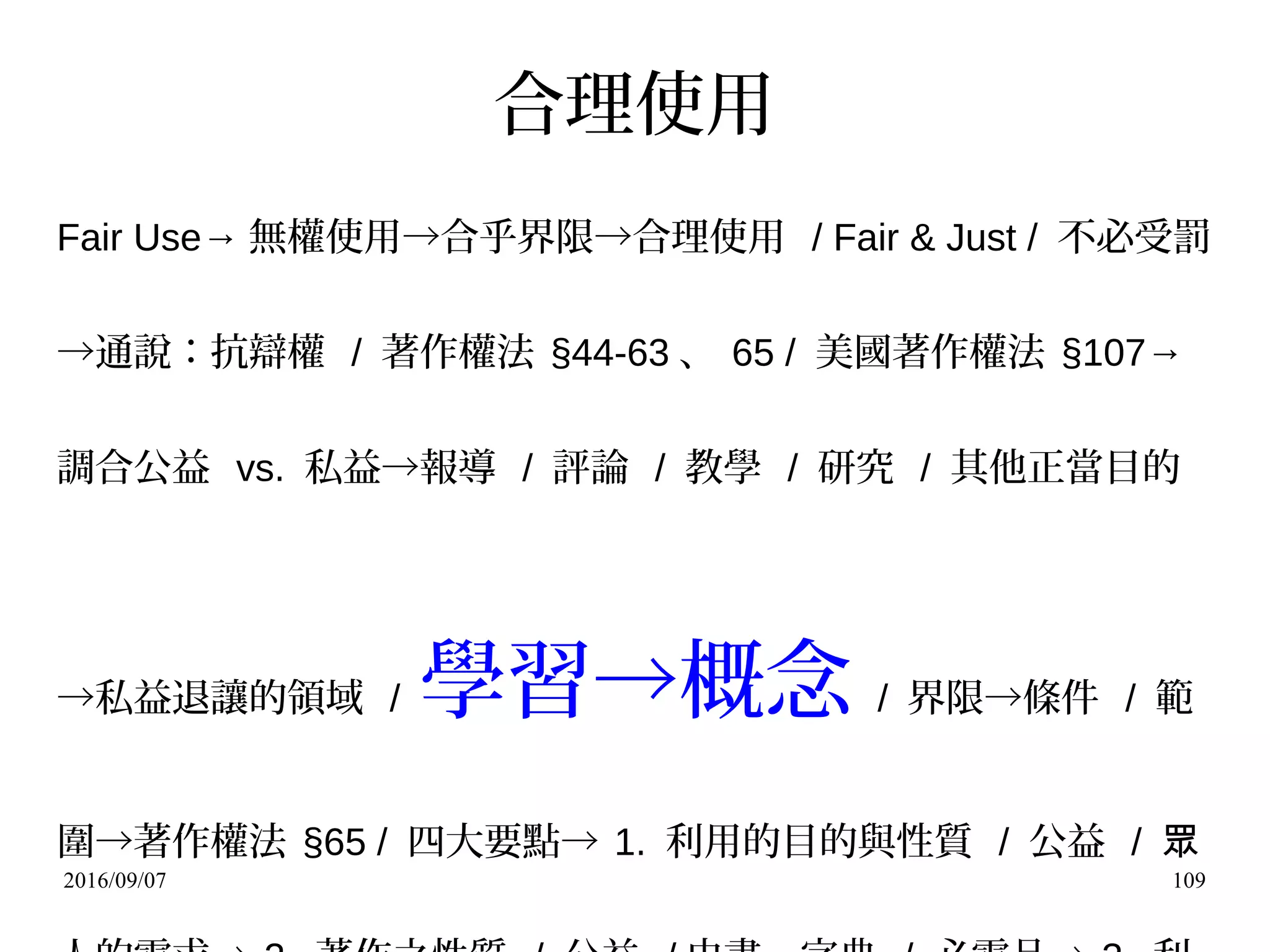 2016/09/07 109
合理使用
Fair Use→ 無權使用→合乎界限→合理使用 / Fair & Just / 不必受罰
→通說：抗辯權 / 著作權法 §44-63 、 65 / 美國著作權法 §107→
調合公益 vs. 私益→報導 / 評論 / 教學 / 研究 / 其他正當目的
→私益退讓的領域 / 學習→概念 / 界限→條件 / 範
圍→著作權法 §65 / 四大要點→ 1. 利用的目的與性質 / 公益 / 眾
 