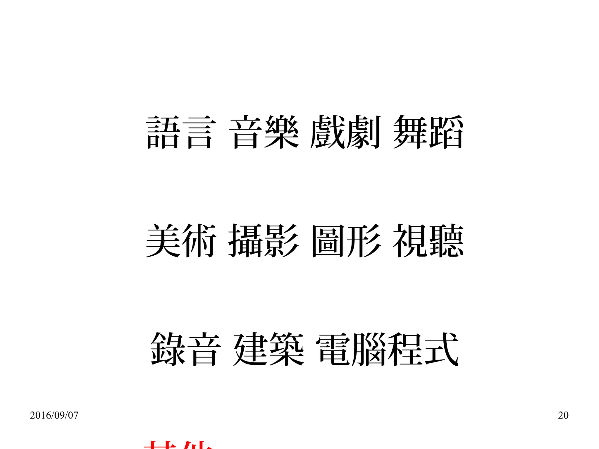2016/09/07 20
語言 音樂 戲劇 舞蹈
美術 攝影 圖形 視聽
錄音 建築 電腦程式
 