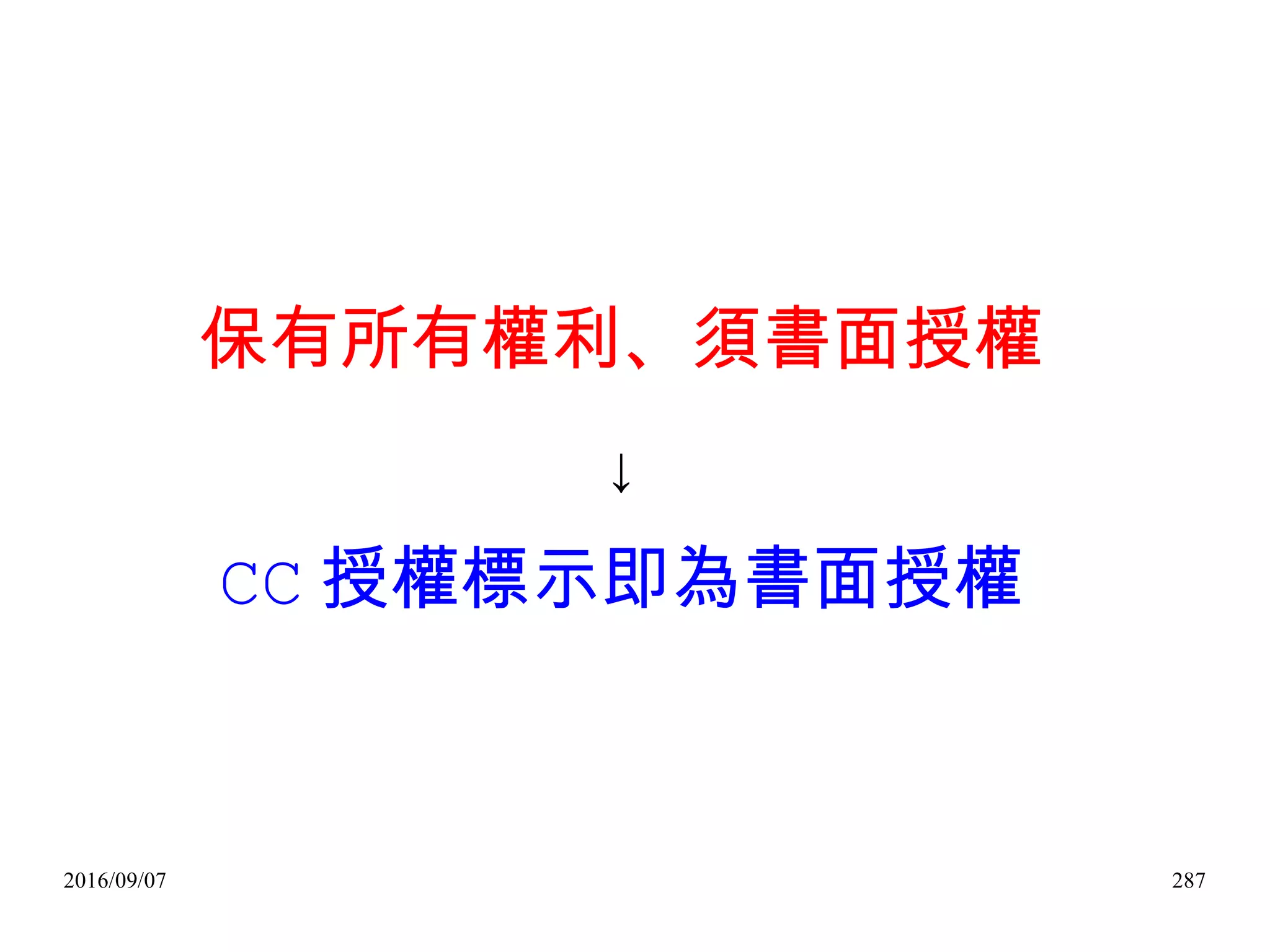2016/09/07 287
保有所有權利、須書面授權
↓
CC 授權標示即為書面授權
 