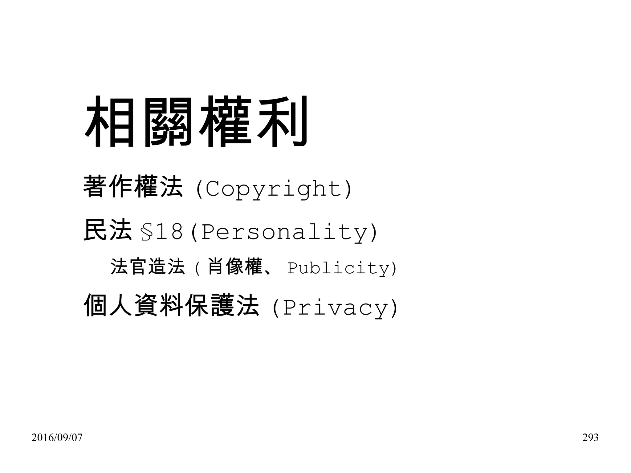 2016/09/07 293
相關權利
著作權法 (Copyright)
民法 §18(Personality)
法官造法 ( 肖像權、 Publicity)
個人資料保護法 (Privacy)
 