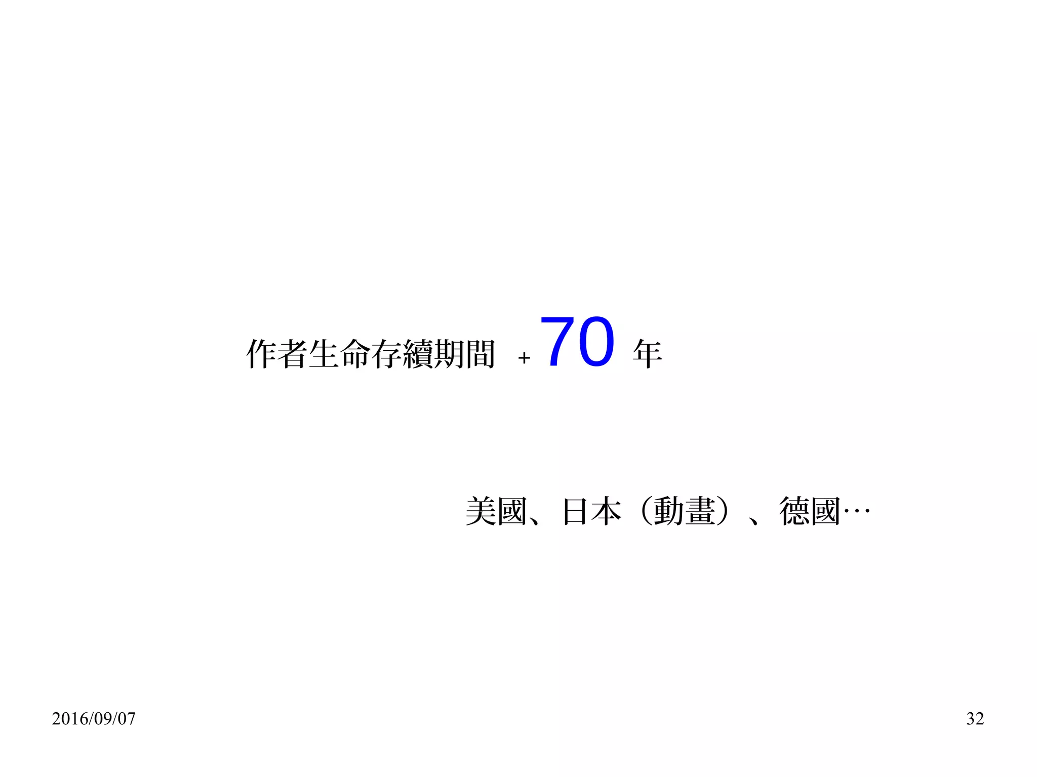 2016/09/07 32
作者生命存續期間 + 70 年
美國、日本（動畫）、德國…
 