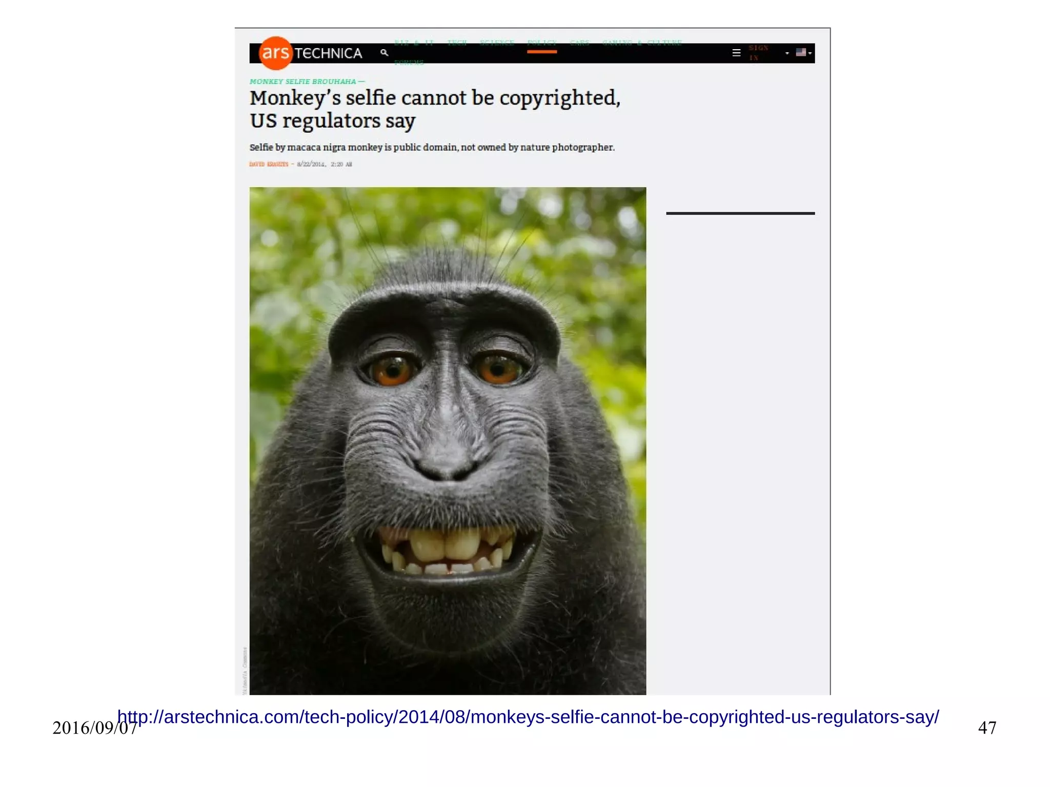 2016/09/07 47
http://arstechnica.com/tech-policy/2014/08/monkeys-selfie-cannot-be-copyrighted-us-regulators-say/
 