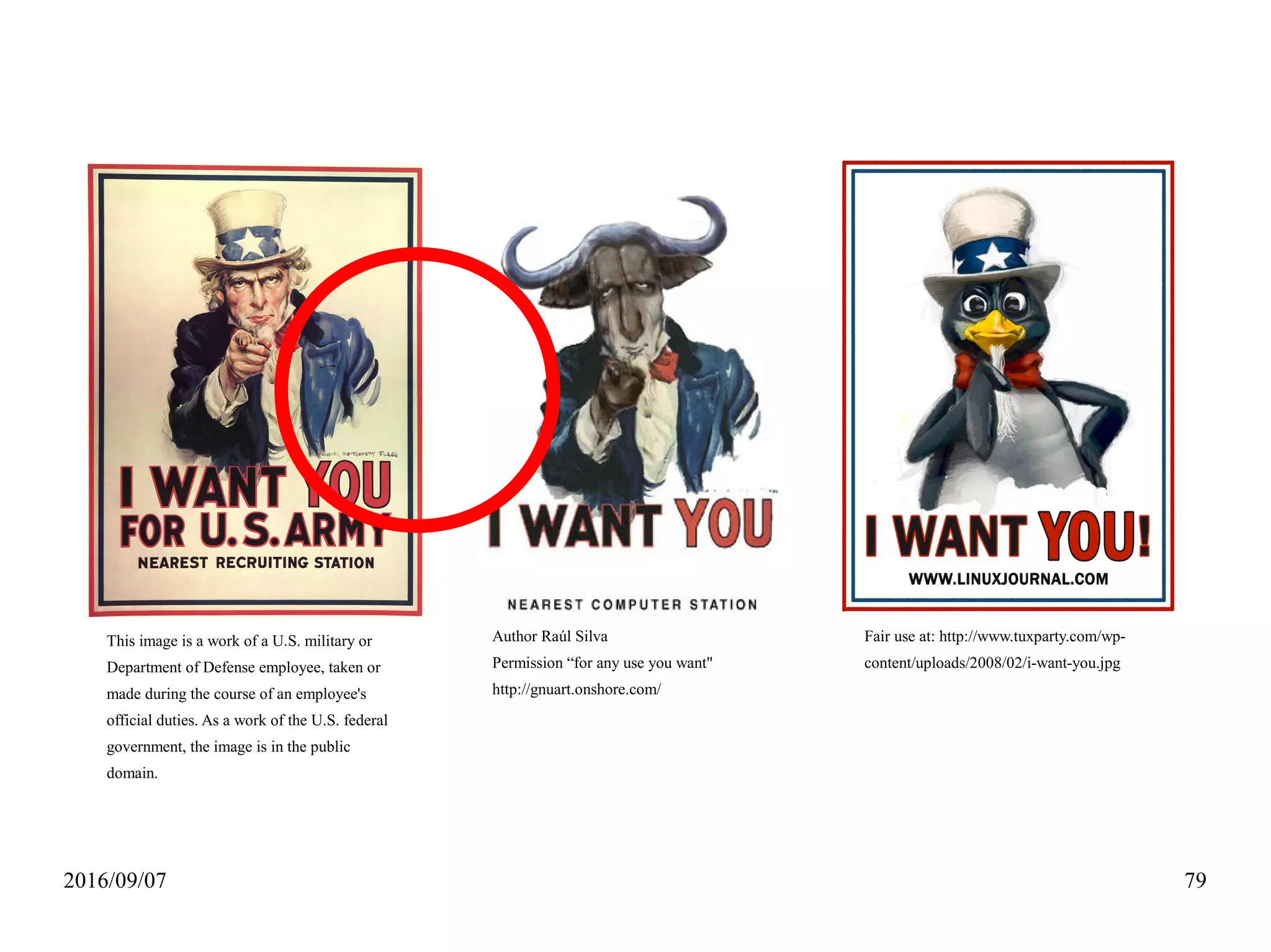 2016/09/07 79
Author Raúl Silva
Permission “for any use you want"
http://gnuart.onshore.com/
This image is a work of a U.S. military or
Department of Defense employee, taken or
made during the course of an employee's
official duties. As a work of the U.S. federal
government, the image is in the public
domain.
Fair use at: http://www.tuxparty.com/wp-
content/uploads/2008/02/i-want-you.jpg
 
