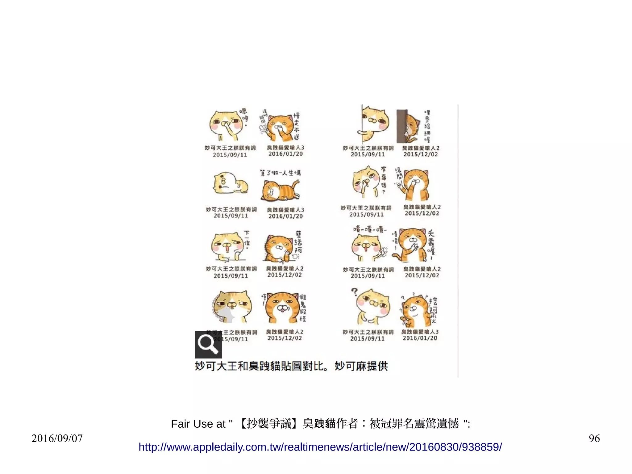 2016/09/07 96
Fair Use at " 【抄襲爭議】臭 作者：被冠罪名震驚遺憾跩貓 ":
http://www.appledaily.com.tw/realtimenews/article/new/20160830/938859/
 