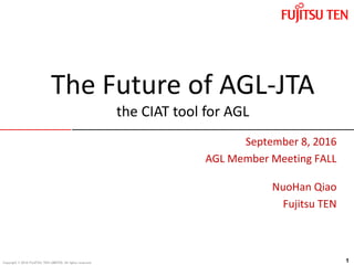 Copyright © 2016 FUJITSU TEN LIMITED. All rights reserved.
September 8, 2016
AGL Member Meeting FALL
NuoHan Qiao
Fujitsu TEN
The Future of AGL-JTA
the CIAT tool for AGL
1
 