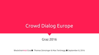 Crowd Dialog Europe
Graz 2016
BlockchainHub Graz■ Thomas Zeinzinger & Max Tertinegg ■ September 8, 2016
 