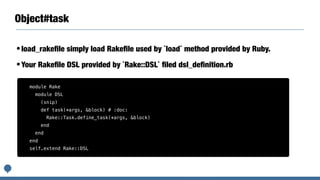 Object#task
•load_rakeﬁle simply load Rakeﬁle used by `load` method provided by Ruby.
•Your Rakeﬁle DSL provided by `Rake::DSL` ﬁled dsl_deﬁnition.rb
module Rake
module DSL
(snip)
def task(*args, &block) # :doc:
Rake::Task.define_task(*args, &block)
end
end
end
self.extend Rake::DSL
 