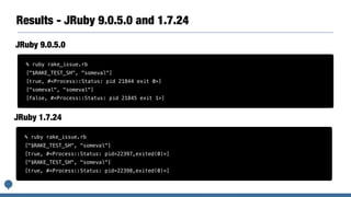 Results - JRuby 9.0.5.0 and 1.7.24
% ruby rake_issue.rb
["$RAKE_TEST_SH", "someval"]
[true, #<Process::Status: pid 21844 exit 0>]
["someval", "someval"]
[false, #<Process::Status: pid 21845 exit 1>]
JRuby 9.0.5.0
% ruby rake_issue.rb
["$RAKE_TEST_SH", "someval"]
[true, #<Process::Status: pid=22397,exited(0)>]
["$RAKE_TEST_SH", "someval"]
[true, #<Process::Status: pid=22398,exited(0)>]
JRuby 1.7.24
 