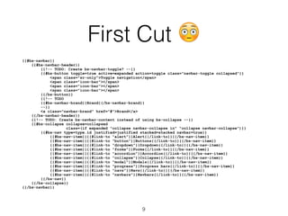 First Cut 😳
{{#bs-navbar}}
{{#bs-navbar-header}}
{{!-- TODO: Create bs-navbar-toggle? --}}
{{#bs-button toggle=true active=expanded action=toggle class="navbar-toggle collapsed"}}
<span class="sr-only">Toggle navigation</span>
<span class="icon-bar"></span>
<span class="icon-bar"></span>
<span class="icon-bar"></span>
{{/bs-button}}
{{!-- TODO
{{#bs-navbar-brand}}Brand{{/bs-navbar-brand}}
--}}
<a class="navbar-brand" href="#">Brand</a>
{{/bs-navbar-header}}
{{!-- TODO: Create bs-navbar-content instead of using bs-collapse --}}
{{#bs-collapse collapse=collapsed
class=(if expanded "collapse navbar-collapse in" "collapse navbar-collapse")}}
{{#bs-nav type=type.id justified=justified stacked=stacked navbar=true}}
{{#bs-nav-item}}{{#link-to "alert"}}Alert{{/link-to}}{{/bs-nav-item}}
{{#bs-nav-item}}{{#link-to "button"}}Buttons{{/link-to}}{{/bs-nav-item}}
{{#bs-nav-item}}{{#link-to "dropdown"}}Dropdown{{/link-to}}{{/bs-nav-item}}
{{#bs-nav-item}}{{#link-to "forms"}}Forms{{/link-to}}{{/bs-nav-item}}
{{#bs-nav-item}}{{#link-to "accordion"}}Accordion{{/link-to}}{{/bs-nav-item}}
{{#bs-nav-item}}{{#link-to "collapse"}}Collapse{{/link-to}}{{/bs-nav-item}}
{{#bs-nav-item}}{{#link-to "modal"}}Modals{{/link-to}}{{/bs-nav-item}}
{{#bs-nav-item}}{{#link-to "progress"}}Progress bars{{/link-to}}{{/bs-nav-item}}
{{#bs-nav-item}}{{#link-to "navs"}}Navs{{/link-to}}{{/bs-nav-item}}
{{#bs-nav-item}}{{#link-to "navbars"}}Navbars{{/link-to}}{{/bs-nav-item}}
{{/bs-nav}}
{{/bs-collapse}}
{{/bs-navbar}}
9
 
