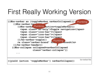 First Really Working Version
{{#bs-navbar as |toggleNavbar navbarCollapsed|}}
{{#bs-navbar-header}}
{{#bs-navbar-toggle action=toggleNavbar}}
<span class="sr-only">Toggle navigation</span>
<span class="icon-bar"></span>
<span class="icon-bar"></span>
<span class="icon-bar"></span>
{{/bs-navbar-toggle}}
<a class="navbar-brand" href="#">Brand</a>
{{/bs-navbar-header}}
{{#bs-collapse collapsed=navbarCollapsed
class=“navbar-collapse"}}
...
Plumbing
Plumbing
Plumbing
bs-navbar.hbs
{{yield (action 'toggleNavbar') navbarCollapse}}
11
 
