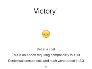 Victory!
But at a cost
This is an addon requiring compatibility to 1.13
Contextual components and hash were added in 2.3
😀😞
19
 