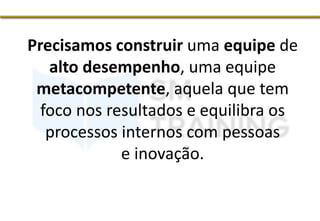 Precisamos construir uma equipe de
alto desempenho, uma equipe
metacompetente, aquela que tem
foco nos resultados e equilibra os
processos internos com pessoas
e inovação.
 