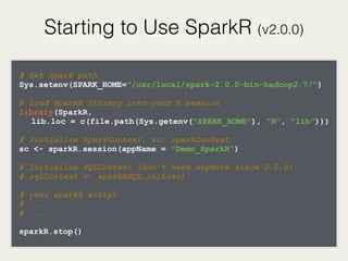Starting to Use SparkR (v2.0.0)
# Set Spark path
Sys.setenv(SPARK_HOME="/usr/local/spark-2.0.0-bin-hadoop2.7/")
# Load SparkR library into your R session
library(SparkR,
lib.loc = c(file.path(Sys.getenv("SPARK_HOME"), "R", "lib")))
# Initialize SparkContext, sc: sparkContext
sc <- sparkR.session(appName = "Demo_SparkR")
# Initialize SQLContext (don’t need anymore since 2.0.0)
# sqlContext <- sparkRSQL.init(sc)
# your sparkR script
# ...
# ...
sparkR.stop()
 