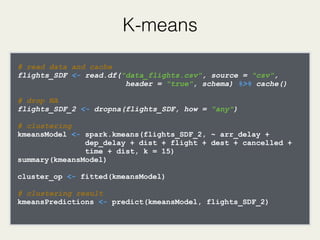 K-means
# read data and cache
flights_SDF <- read.df("data_flights.csv", source = "csv", 
header = "true", schema) %>% cache()
# drop NA
flights_SDF_2 <- dropna(flights_SDF, how = "any")
# clustering
kmeansModel <- spark.kmeans(flights_SDF_2, ~ arr_delay +  
dep_delay + dist + flight + dest + cancelled +  
time + dist, k = 15)
summary(kmeansModel)
cluster_op <- fitted(kmeansModel)
# clustering result
kmeansPredictions <- predict(kmeansModel, flights_SDF_2)
 