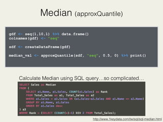 Median (approxQuantile)
gdf <- seq(1,10,1) %>% data.frame()
colnames(gdf) <- "seq"
sdf <- createDataFrame(gdf)
median_val <- approxQuantile(sdf, "seq", 0.5, 0) %>% print()
Calculate Median using SQL query…so complicated…
http://www.1keydata.com/tw/sql/sql-median.html
 