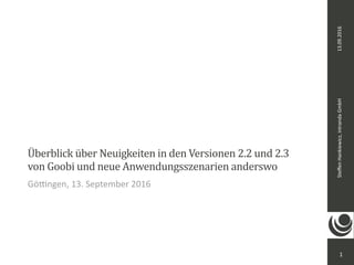 Steﬀen	Hankiewicz,	intranda	GmbH
Überblick	über	Neuigkeiten	in	den	Versionen	2.2	und	2.3	
von	Goobi	und	neue	Anwendungsszenarien	anderswo
1
Gö6ngen,	13.	September	2016
13.09.2016
 