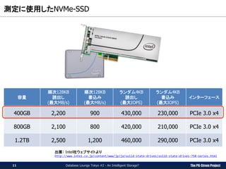 The PG-Strom Project
測定に使用したNVMe-SSD
Database Lounge Tokyo #2 - An Intelligent Storage?
容量
順次128KB
読出し
(最大MB/s)
順次128KB
書込み
(最大MB/s)
ランダム4KB
読出し
(最大IOPS)
ランダム4KB
書込み
(最大IOPS)
インターフェース
400GB 2,200 900 430,000 230,000 PCIe 3.0 x4
800GB 2,100 800 420,000 210,000 PCIe 3.0 x4
1.2TB 2,500 1,200 460,000 290,000 PCIe 3.0 x4
出展： Intel社ウェブサイトより
http://www.intel.co.jp/content/www/jp/ja/solid-state-drives/solid-state-drives-750-series.html
11
 