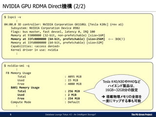 The PG-Strom Project
NVIDIA GPU RDMA Direct機構 (2/2)
Database Lounge Tokyo #2 - An Intelligent Storage?
$ lspci –v
:
04:00.0 3D controller: NVIDIA Corporation GK110GL [Tesla K20c] (rev a1)
Subsystem: NVIDIA Corporation Device 0982
Flags: bus master, fast devsel, latency 0, IRQ 100
Memory at 93000000 (32-bit, non-prefetchable) [size=16M]
Memory at 33fc0000000 (64-bit, prefetchable) [size=256M] <-- ココ(!)
Memory at 33fd0000000 (64-bit, prefetchable) [size=32M]
Capabilities: <access denied>
Kernel driver in use: nvidia
:
$ nvidia-smi -q
:
FB Memory Usage
Total : 4095 MiB
Used : 15 MiB
Free : 4080 MiB
BAR1 Memory Usage
Total : 256 MiB
Used : 2 MiB
Free : 254 MiB
Compute Mode : Default
:
5
Tesla K40/K80やM40など
ハイエンド製品は、
16GB~32GB分の設定
 搭載物理メモリの全部を
一度にマップする事も可能
 