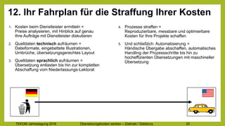 TEKOM Jahrestagung 2016 Übersetzungskosten im Griff – Zielinski / Salisbury 20
12. Ihr Fahrplan für die Straffung Ihrer Kosten
1. Kosten beim Dienstleister ermitteln =
Preise analysieren, mit Hinblick auf genau
Ihre Aufträge mit Dienstleister diskutieren
2. Quelldaten technisch aufräumen =
Dateiformate, eingebettete Illustrationen,
Umbrüche, übersetzungsgerechtes Layout
3. Quelldaten sprachlich aufräumen =
Übersetzung entlasten bis hin zur kompletten
Abschaffung vom Niederlassungs-Lektorat
4. Prozesse straffen =
Reproduzierbare, messbare und optimierbare
Kosten für Ihre Projekte schaffen
5. Und schließlich: Automatisierung =
Händische Übergabe abschaffen, automatisches
Handling der Prozessschritte bis hin zu
hocheffizienten Übersetzungen mit maschineller
Übersetzung
 