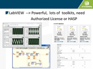 LabVIEW --> Powerful, lots of toolkits, need
Authorized License or HASP
 