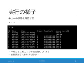 実行の様子
キューの状態を確認する
・・・
2016-09-13 社内勉強会 19
$ ts
ID State Output E-Level Times(r/u/s) Command [run=2/4]
8 running /tmp/ts-out.AWi5Dq sleep 9
9 running /tmp/ts-out.kVAX0u sleep 10
0 finished /tmp/ts-out.sWEDhd 0 1.01/0.00/0.00 sleep 1
1 finished /tmp/ts-out.2FZb9f 0 2.02/0.00/0.00 sleep 2
2 finished /tmp/ts-out.g4nEOg 0 3.01/0.00/0.00 sleep 3
3 finished /tmp/ts-out.E7hDyg 0 4.00/0.00/0.00 sleep 4
4 finished /tmp/ts-out.iNqnyi 0 5.01/0.00/0.00 sleep 5
5 finished /tmp/ts-out.zLJ4Ci 0 6.01/0.00/0.00 sleep 6
6 finished /tmp/ts-out.kjWcqk 0 7.00/0.00/0.00 sleep 7
7 finished /tmp/ts-out.i9BXum 0 8.01/0.00/0.00 sleep 8
◦ 一秒ごとに ts コマンドを実行しています
◦ 自動更新されるわけではない
 