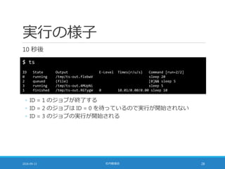 実行の様子
10 秒後
2016-09-13 社内勉強会 28
$ ts
ID State Output E-Level Times(r/u/s) Command [run=2/2]
0 running /tmp/ts-out.flebwV sleep 20
2 queued (file) [0]&& sleep 5
3 running /tmp/ts-out.4MUpNi sleep 5
1 finished /tmp/ts-out.RGTygW 0 10.01/0.00/0.00 sleep 10
◦ ID = 1 のジョブが終了する
◦ ID = 2 のジョブは ID = 0 を待っているので実行が開始されない
◦ ID = 3 のジョブの実行が開始される
 