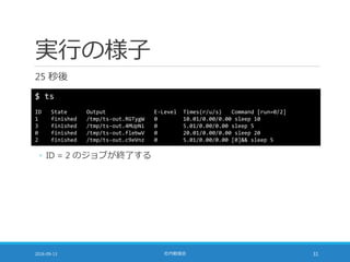 実行の様子
25 秒後
2016-09-13 社内勉強会 31
$ ts
ID State Output E-Level Times(r/u/s) Command [run=0/2]
1 finished /tmp/ts-out.RGTygW 0 10.01/0.00/0.00 sleep 10
3 finished /tmp/ts-out.4MUpNi 0 5.01/0.00/0.00 sleep 5
0 finished /tmp/ts-out.flebwV 0 20.01/0.00/0.00 sleep 20
2 finished /tmp/ts-out.c9eVnz 0 5.01/0.00/0.00 [0]&& sleep 5
◦ ID = 2 のジョブが終了する
 