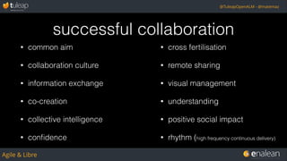 Agile & Libre
@TuleapOpenALM - @matemaz
successful collaboration
• common aim
• collaboration culture
• information exchange
• co-creation
• collective intelligence
• conﬁdence
• cross fertilisation
• remote sharing
• visual management
• understanding
• positive social impact
• rhythm (high frequency continuous delivery)
 