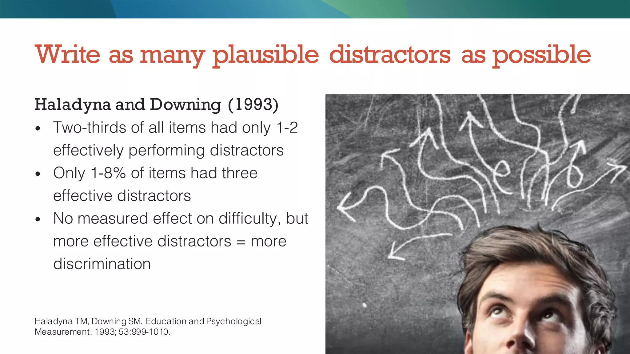 Haladyna and Downing (1993)
• Two-thirds of all items had only 1-2
effectively performing distractors
• Only 1-8% of items had three
effective distractors
• No measured effect on difficulty, but
more effective distractors = more
discrimination
Write as many plausible distractors as possible
Haladyna TM, Downing SM. Education and Psychological
Measurement. 1993; 53:999-1010.
 