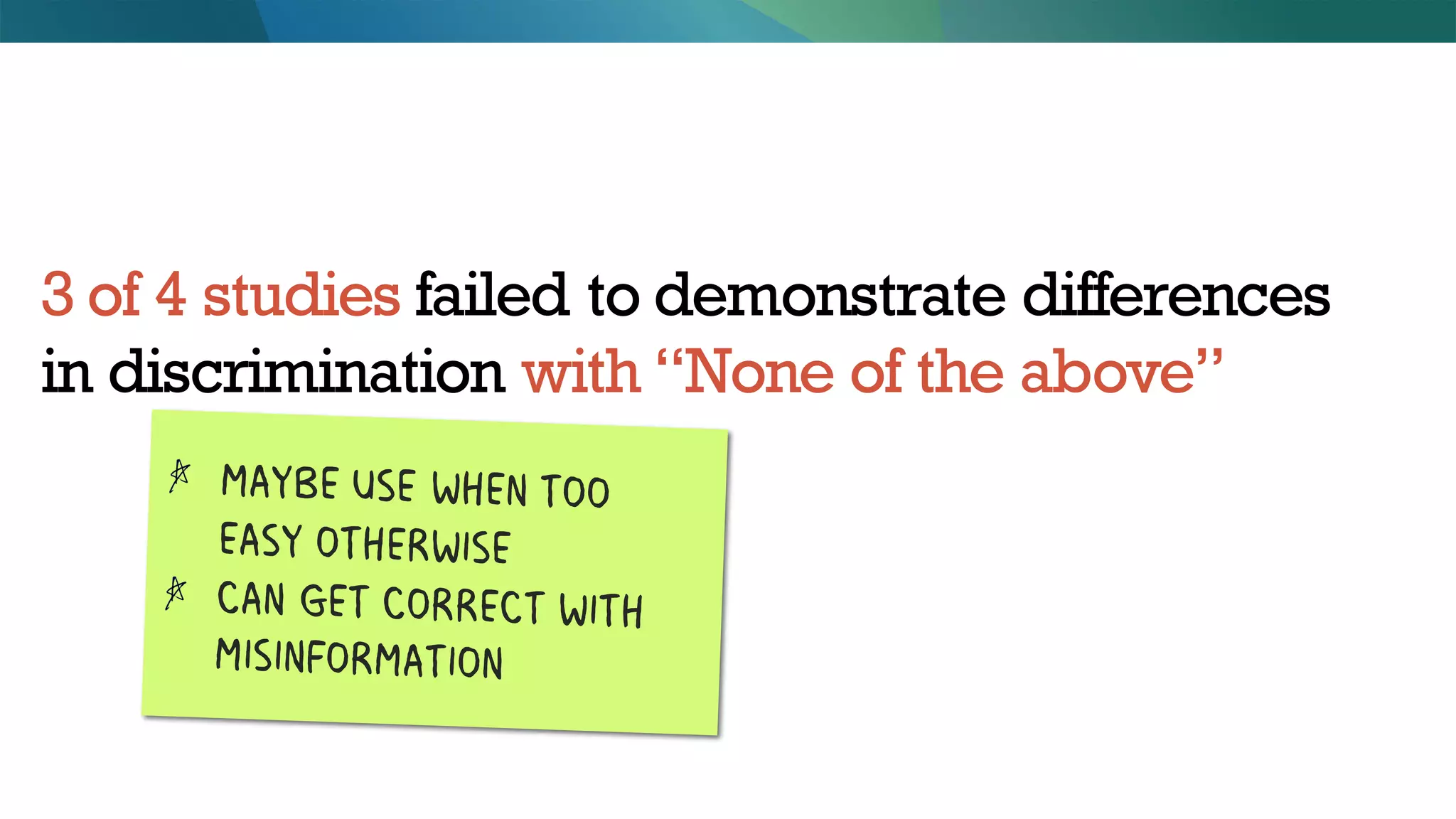 3 of 4 studies failed to demonstrate differences
in discrimination with “None of the above”
 