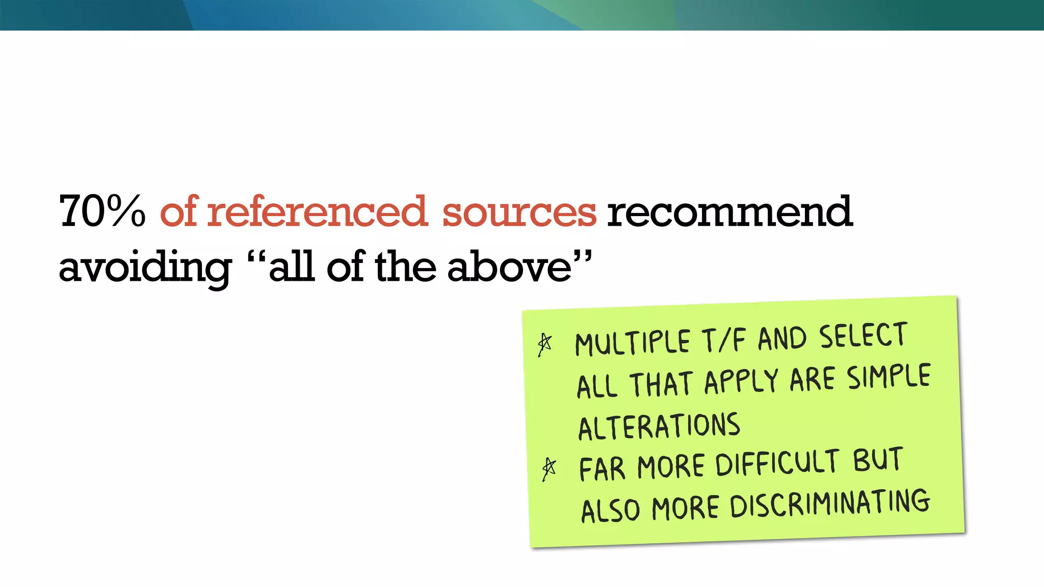 70% of referenced sources recommend
avoiding “all of the above”
 