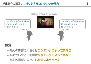 8派生創作の要因１︓オリジナルコンテンツの魅⼒
– 魅⼒の影響の大きさはコンテンツによって異なる
– 魅⼒から受ける影響はクリエータによって異なる
– 魅⼒の影響の大きさは時間によらず一定
『初音ミク』千本桜『オリジナル曲PV』
オリジナル曲「千本桜」の
メロディが好きだから
歌ってみよう！
オリジナル曲「千本桜」の
歌詞が好きだから
歌ってみよう！
 