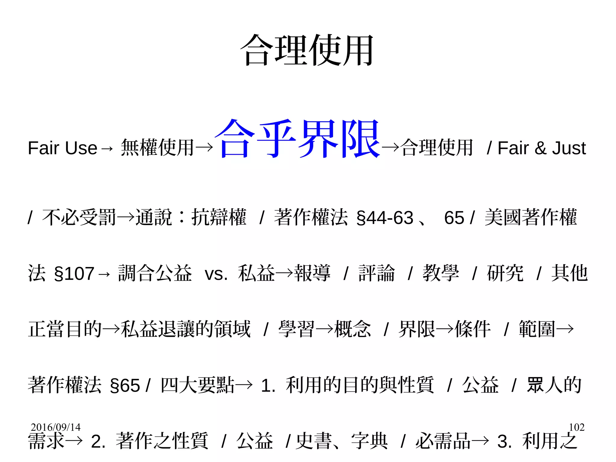 2016/09/14 102
合理使用
Fair Use→ 無權使用→合乎界限→合理使用 / Fair & Just
/ 不必受罰→通說：抗辯權 / 著作權法 §44-63 、 65 / 美國著作權
法 §107→ 調合公益 vs. 私益→報導 / 評論 / 教學 / 研究 / 其他
正當目的→私益退讓的領域 / 學習→概念 / 界限→條件 / 範圍→
著作權法 §65 / 四大要點→ 1. 利用的目的與性質 / 公益 / 人的眾
需求→ 2. 著作之性質 / 公益 / 史書、字典 / 必需品→ 3. 利用之
 