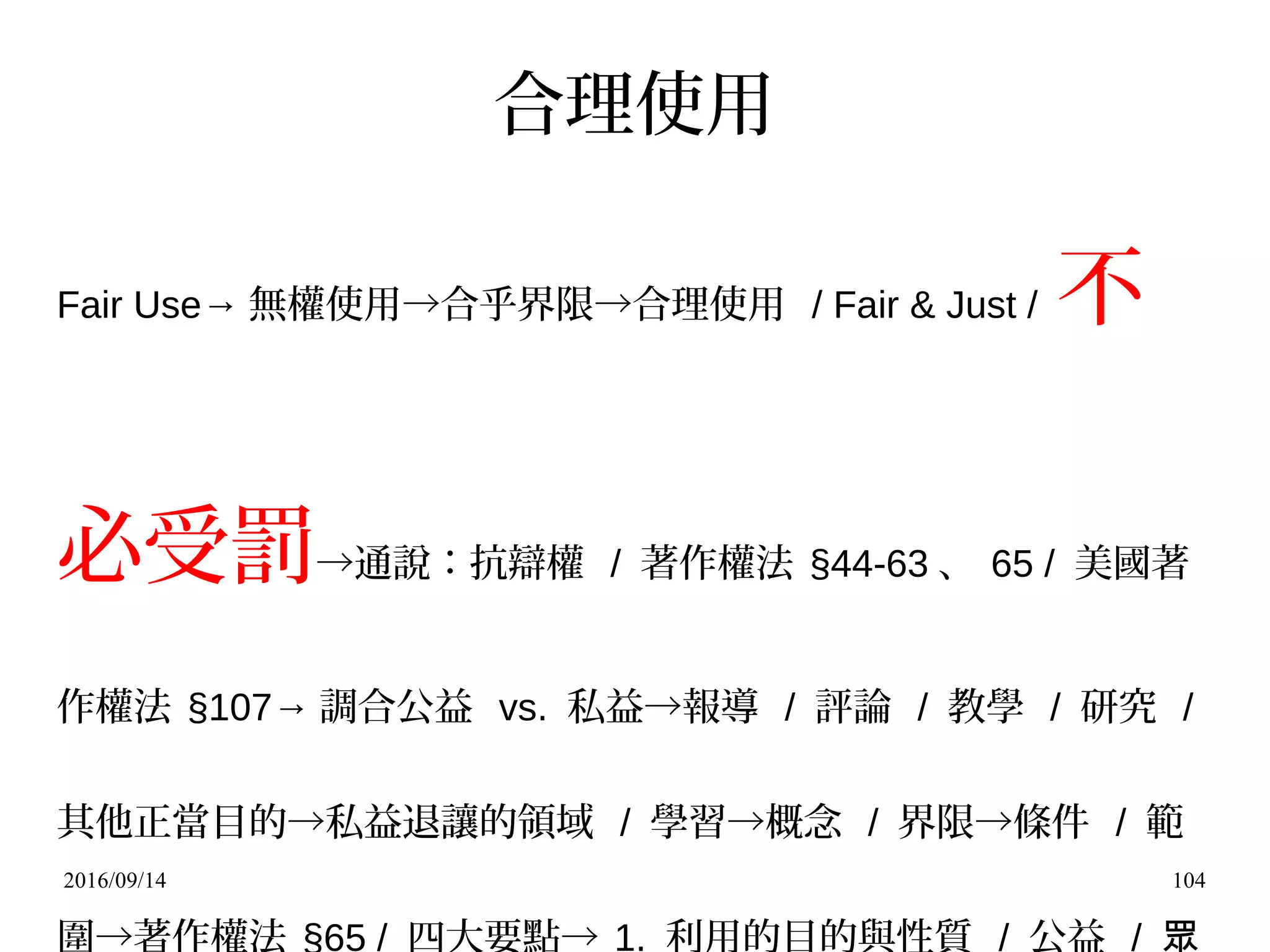 2016/09/14 104
合理使用
Fair Use→ 無權使用→合乎界限→合理使用 / Fair & Just / 不
必受罰→通說：抗辯權 / 著作權法 §44-63 、 65 / 美國著
作權法 §107→ 調合公益 vs. 私益→報導 / 評論 / 教學 / 研究 /
其他正當目的→私益退讓的領域 / 學習→概念 / 界限→條件 / 範
圍→著作權法 §65 / 四大要點→ 1. 利用的目的與性質 / 公益 / 眾
 