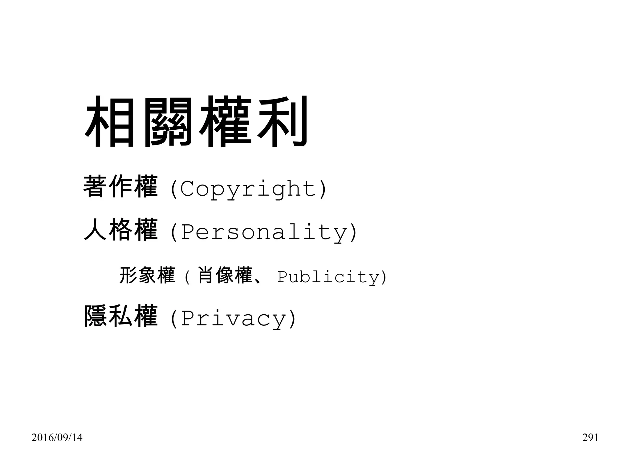2016/09/14 291
相關權利
著作權 (Copyright)
人格權 (Personality)
形象權 ( 肖像權、 Publicity)
隱私權 (Privacy)
 