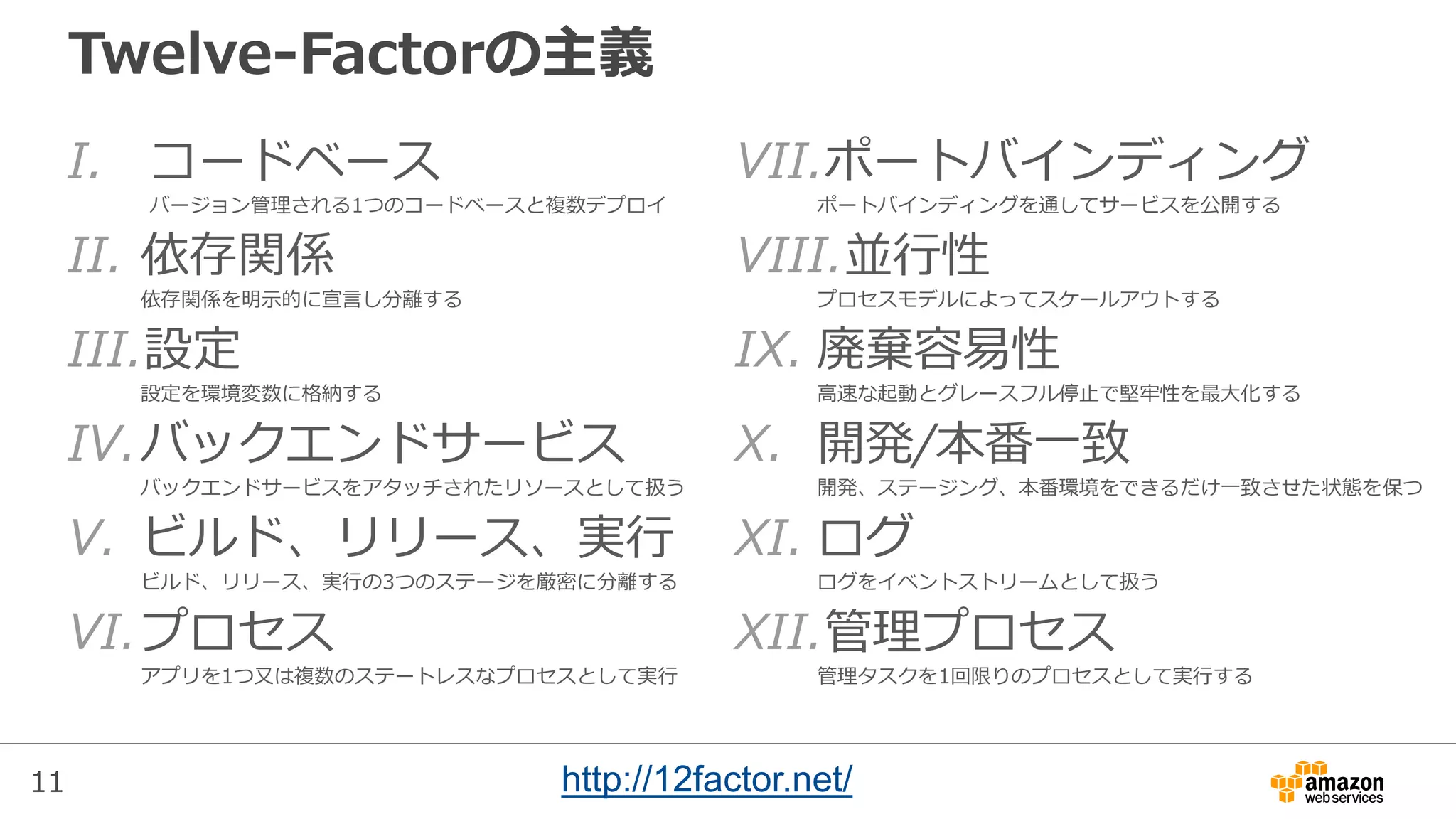 11
Twelve-Factorの主義
I. コードベース
バージョン管理される1つのコードベースと複数デプロイ
II. 依存関係
依存関係を明示的に宣言し分離する
III.設定
設定を環境変数に格納する
IV.バックエンドサービス
バックエンドサービスをアタッチされたリソースとして扱う
V. ビルド、リリース、実行
ビルド、リリース、実行の3つのステージを厳密に分離する
VI.プロセス
アプリを1つ又は複数のステートレスなプロセスとして実行
VII.ポートバインディング
ポートバインディングを通してサービスを公開する
VIII.並行性
プロセスモデルによってスケールアウトする
IX. 廃棄容易性
高速な起動とグレースフル停止で堅牢性を最大化する
X. 開発/本番一致
開発、ステージング、本番環境をできるだけ一致させた状態を保つ
XI. ログ
ログをイベントストリームとして扱う
XII.管理プロセス
管理タスクを1回限りのプロセスとして実行する
http://12factor.net/
 