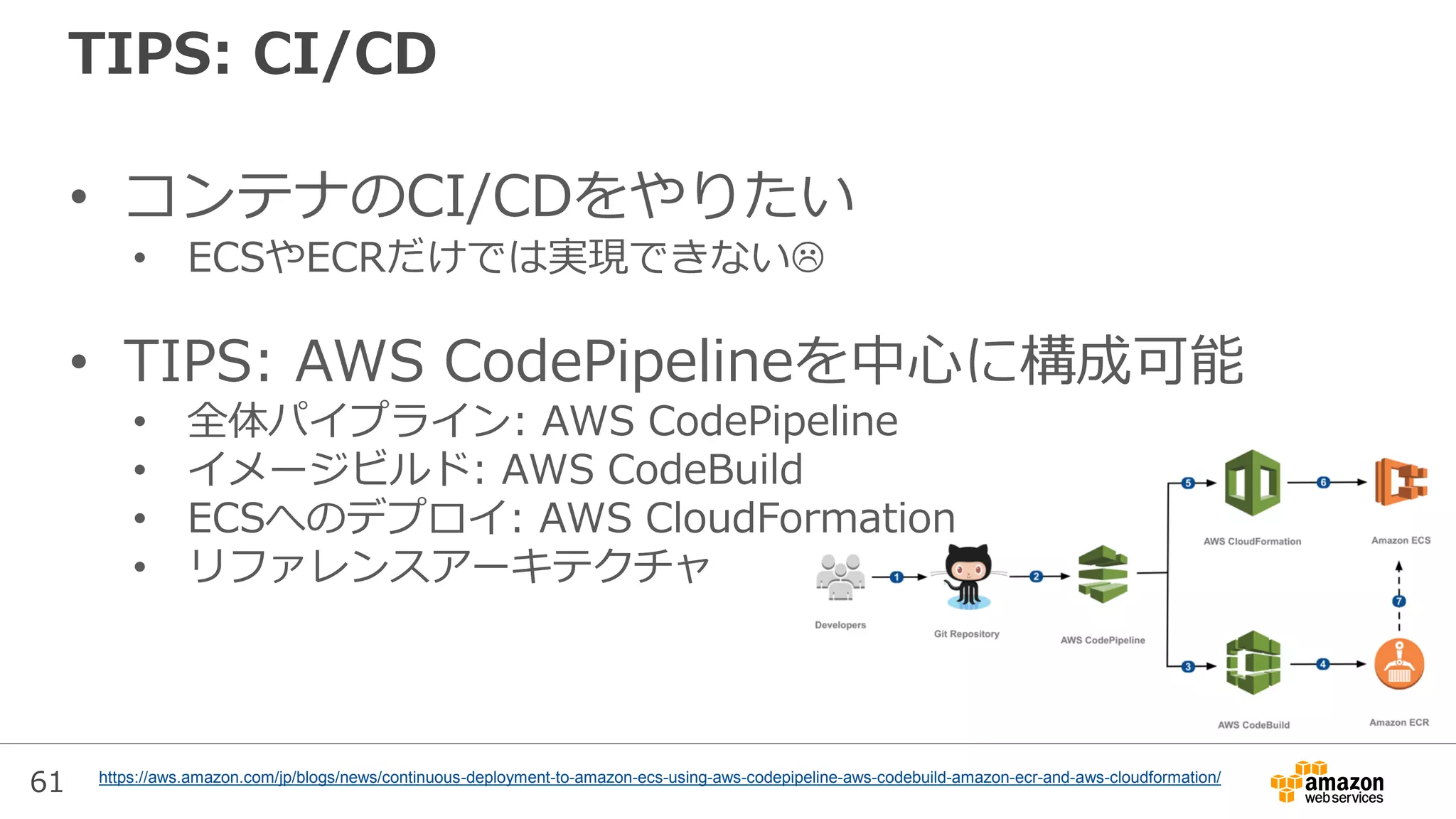 61
TIPS: CI/CD
• コンテナのCI/CDをやりたい
• ECSやECRだけでは実現できない
• TIPS: AWS CodePipelineを中心に構成可能
• 全体パイプライン: AWS CodePipeline
• イメージビルド: AWS CodeBuild
• ECSへのデプロイ: AWS CloudFormation
• リファレンスアーキテクチャ
https://aws.amazon.com/jp/blogs/news/continuous-deployment-to-amazon-ecs-using-aws-codepipeline-aws-codebuild-amazon-ecr-and-aws-cloudformation/
 