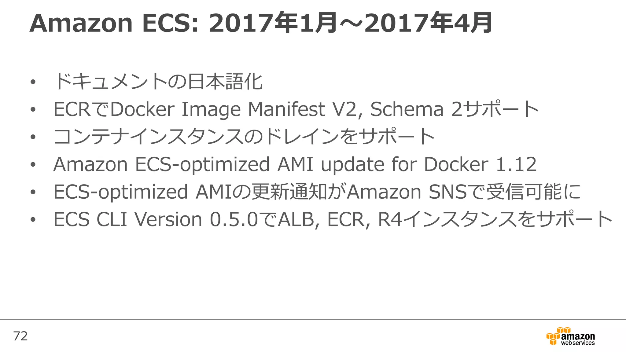 72
Amazon ECS: 2017年1月〜2017年4月
• ドキュメントの日本語化
• ECRでDocker Image Manifest V2, Schema 2サポート
• コンテナインスタンスのドレインをサポート
• Amazon ECS-optimized AMI update for Docker 1.12
• ECS-optimized AMIの更新通知がAmazon SNSで受信可能に
• ECS CLI Version 0.5.0でALB, ECR, R4インスタンスをサポート
 