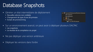 Database Snapshots
 Générer un état intermédiaire de déploiement
 Nouvelle colonne non-nullable
 Changement de type d’une clé primaire
 Scripts de provisionning
 Sur un environnement avancé, on peut avoir à déployer plusieurs DACPAC
 Les snapshots
 Le résultat de la compilation du projet
 Ne pas déployer une version antérieure
 Déployer les versions dans l’ordre
 