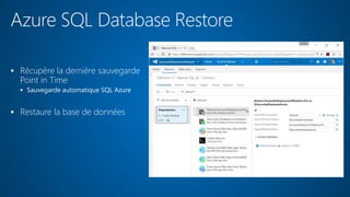 Azure SQL Database Restore
 Récupère la dernière sauvegarde
Point in Time
 Sauvegarde automatique SQL Azure
 Restaure la base de données
 