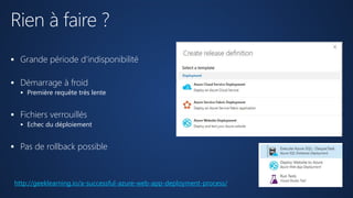 Rien à faire ?
 Grande période d’indisponibilité
 Démarrage à froid
 Première requête très lente
 Fichiers verrouillés
 Echec du déploiement
 Pas de rollback possible
http://geeklearning.io/a-successful-azure-web-app-deployment-process/
 