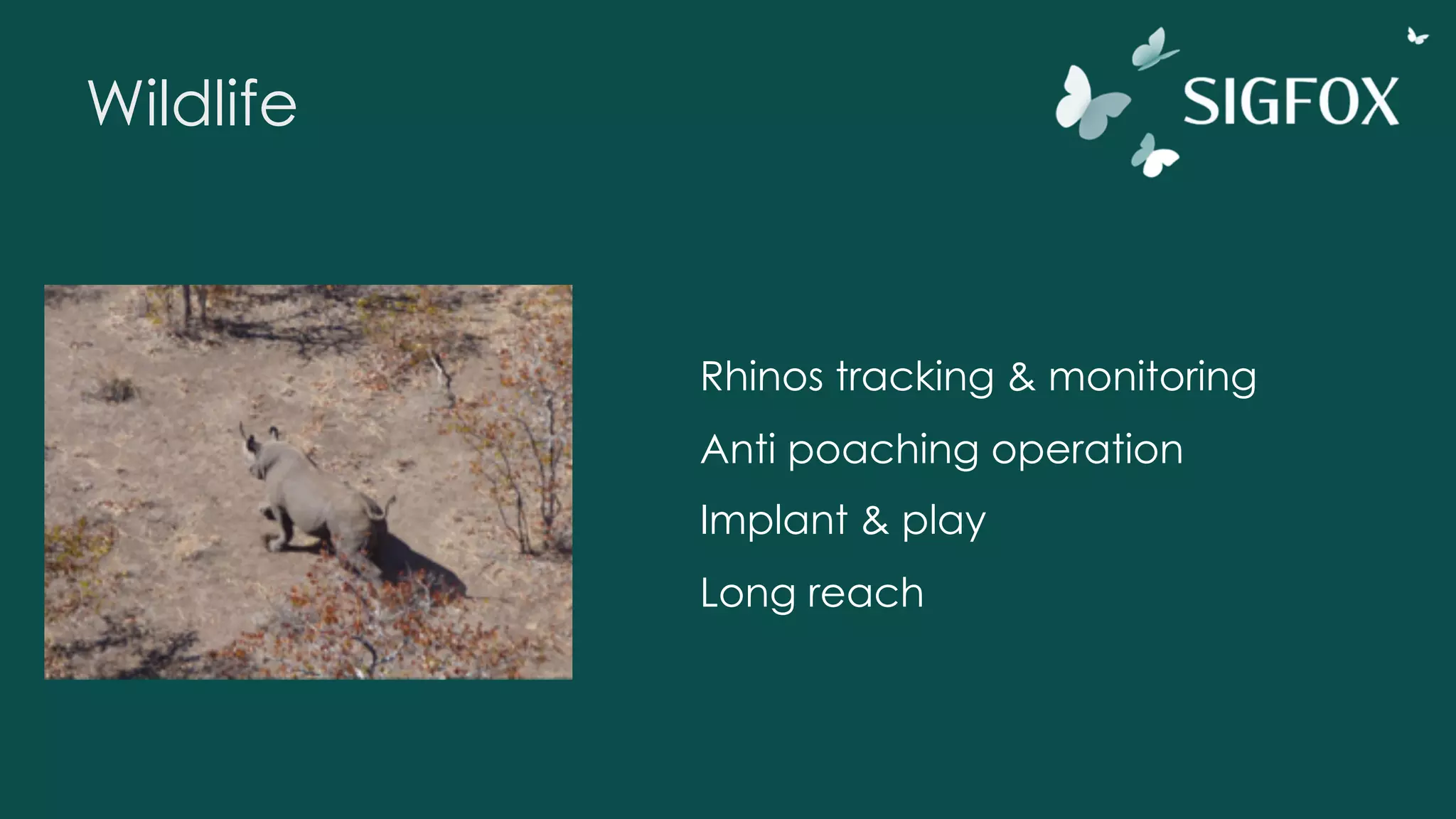 Wildlife
Rhinos tracking & monitoring
Anti poaching operation
Implant & play
Long reach
 