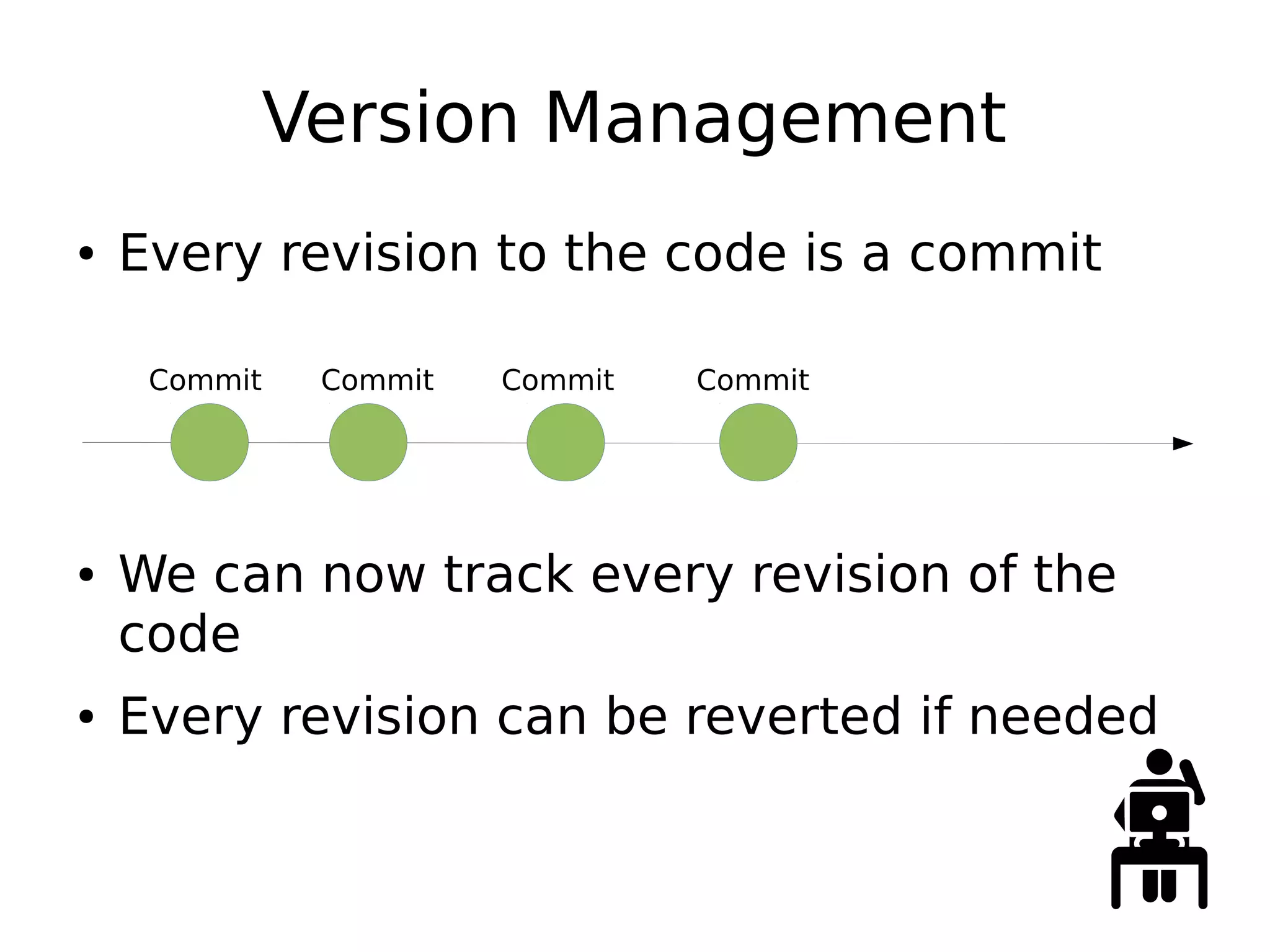 Version Management
● Every revision to the code is a commit
● We can now track every revision of the
code
● Every revision can be reverted if needed
Commit Commit Commit Commit
 