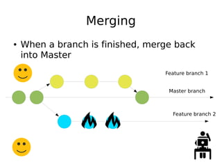 Merging
● When a branch is finished, merge back
into Master
Master branch
Feature branch 1
Feature branch 2
 